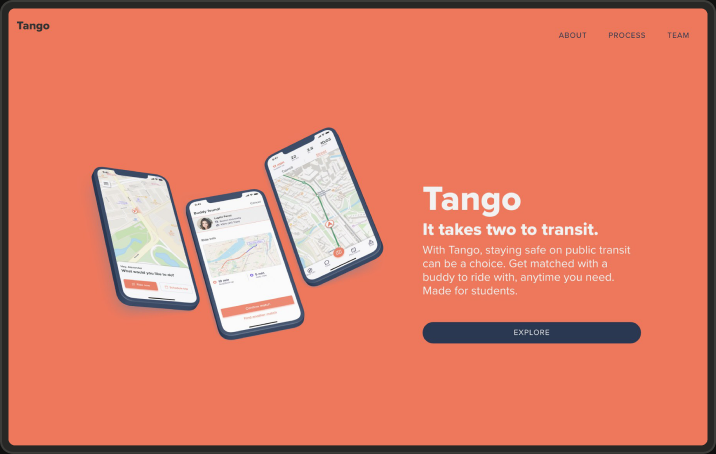 The Tango landing page: three phones showing the app’s map, a buddy match and a route, beside the line “It takes two to transit.” and an Explore button.