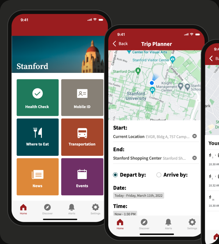 The Stanford Mobile home screen, with tiles for Health Check, Mobile ID, Where to Eat, Transportation, News and Events, beside the trip planner starting from the current location.