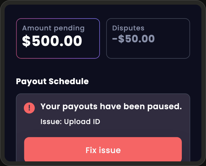 The Plots Payouts page: $500.00 pending, a $50.00 dispute, and an alert that payouts are paused until the host uploads an ID, with a Fix issue button.