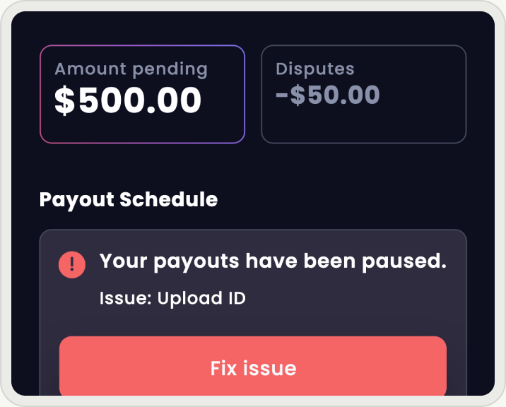 The Plots Payouts page: $500.00 pending, a $50.00 dispute, and an alert that payouts are paused until the host uploads an ID, with a Fix issue button.
