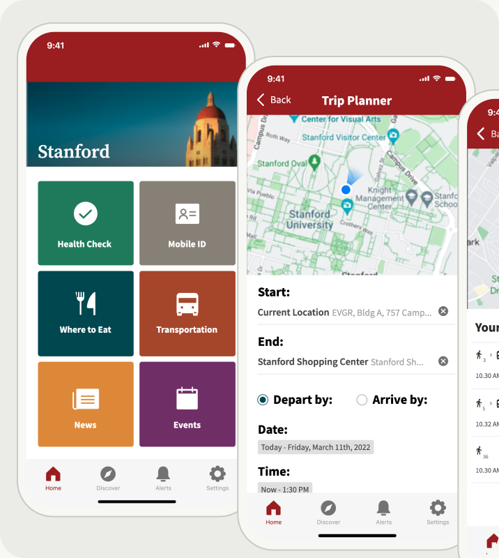 The Stanford Mobile home screen, with tiles for Health Check, Mobile ID, Where to Eat, Transportation, News and Events, beside the trip planner starting from the current location.