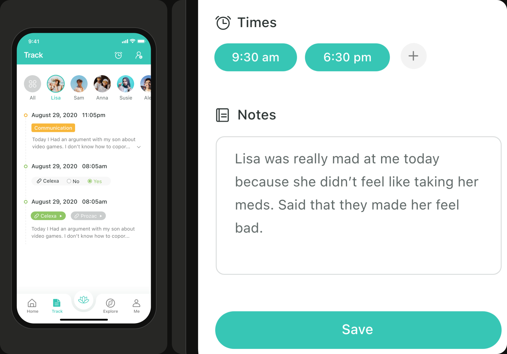 The MiSunshine Track screen, a timeline of notes and medication check-ins for each family member, beside a close-up of a medication reminder with two times and a note on why a dose was missed.