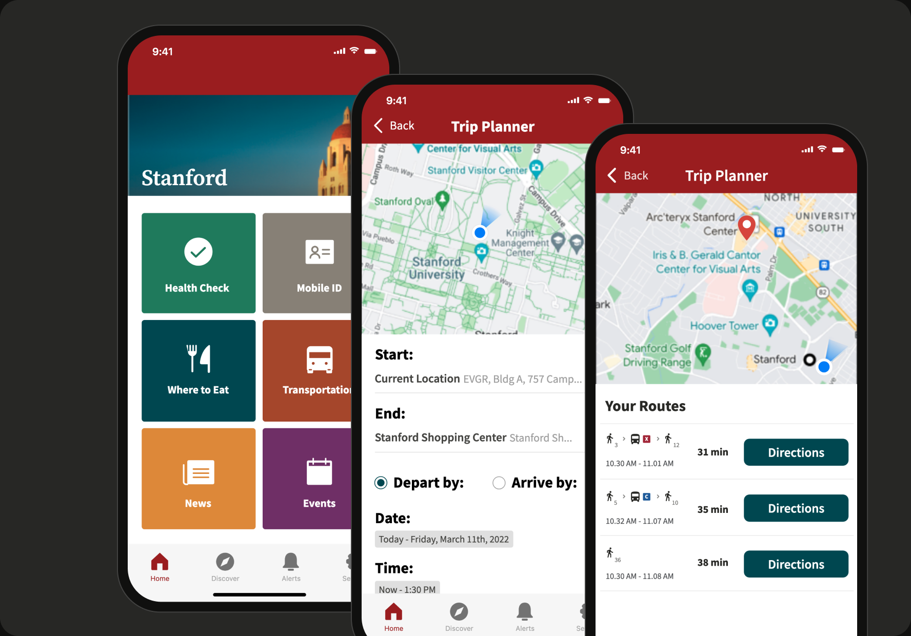 Three Stanford Mobile screens: the home screen with tiles for Health Check, Mobile ID, Where to Eat, Transportation, News and Events; the trip planner, starting from the current location; and three bus routes with their times.