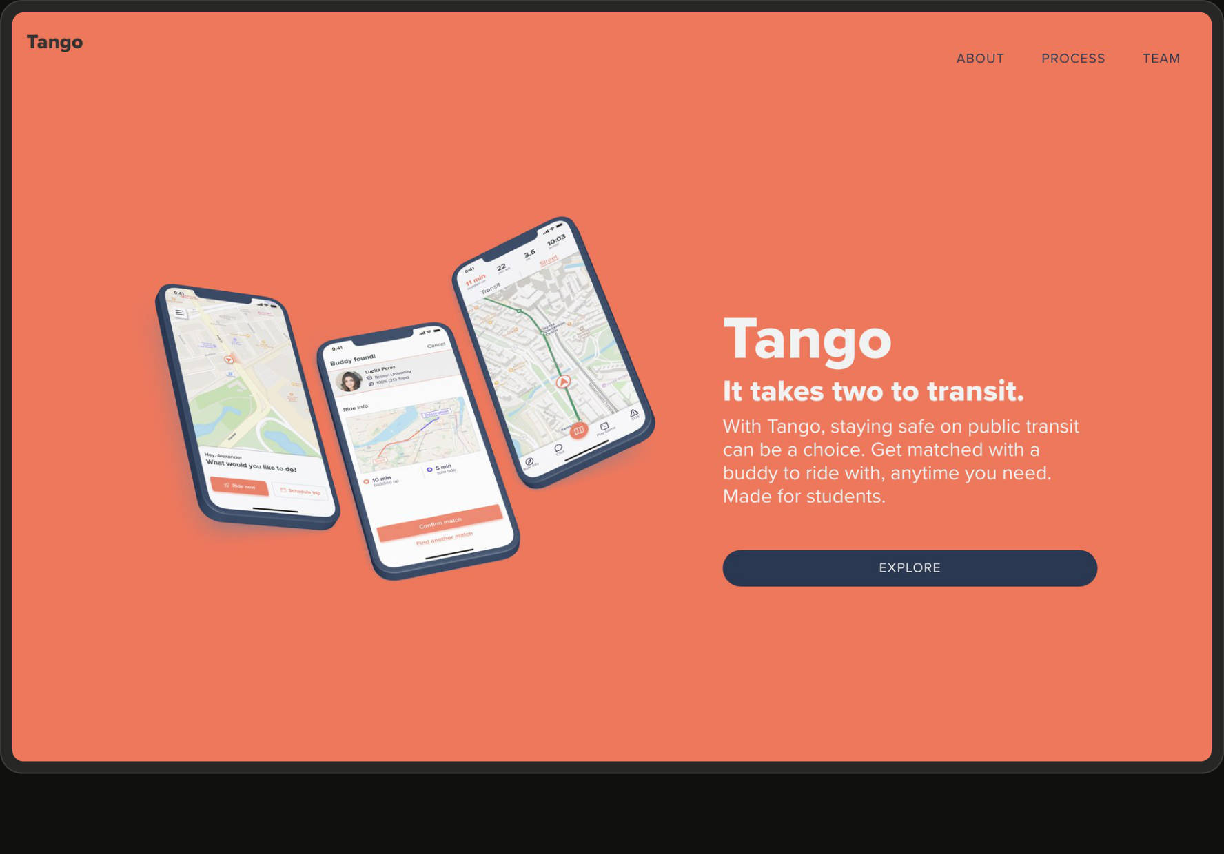 The Tango landing page: three phones showing the app’s map, a buddy match and a route, beside the line “It takes two to transit.” and an Explore button.