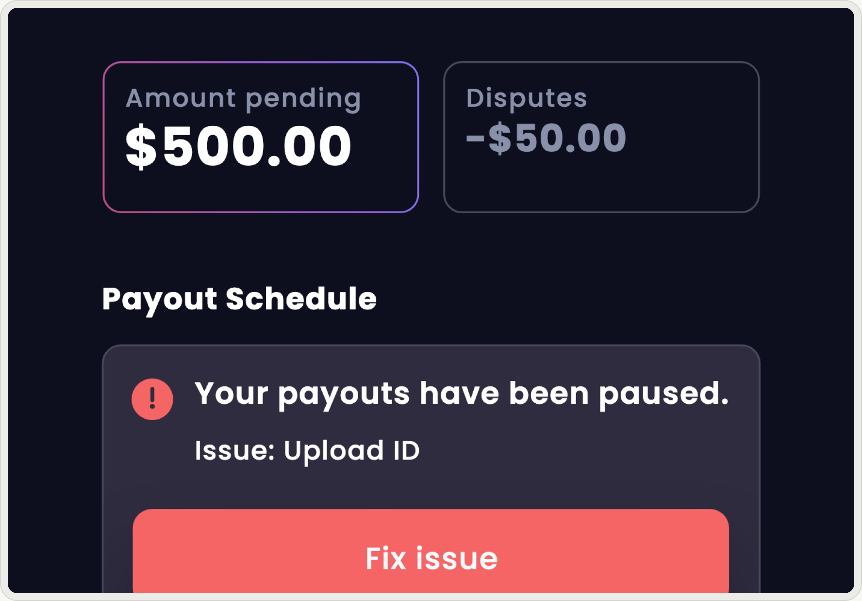 The Plots Payouts page: $500.00 pending, a $50.00 dispute, and an alert that payouts are paused until the host uploads an ID, with a Fix issue button.