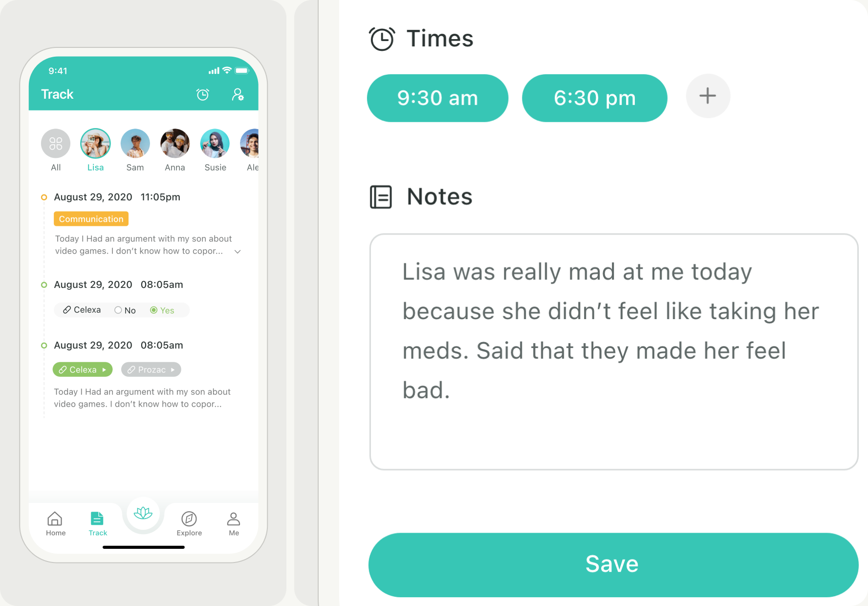 The MiSunshine Track screen, a timeline of notes and medication check-ins for each family member, beside a close-up of a medication reminder with two times and a note on why a dose was missed.